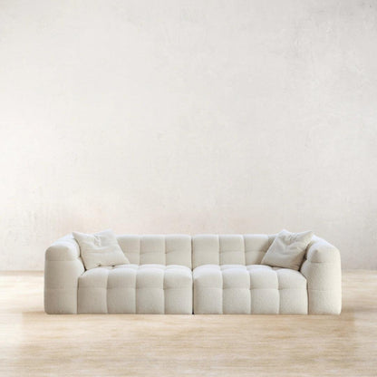 Boxy Cloud Sofa in off-white boucle fabric, modern tufted design, perfect for stylish living spaces in Dubai and UAE.