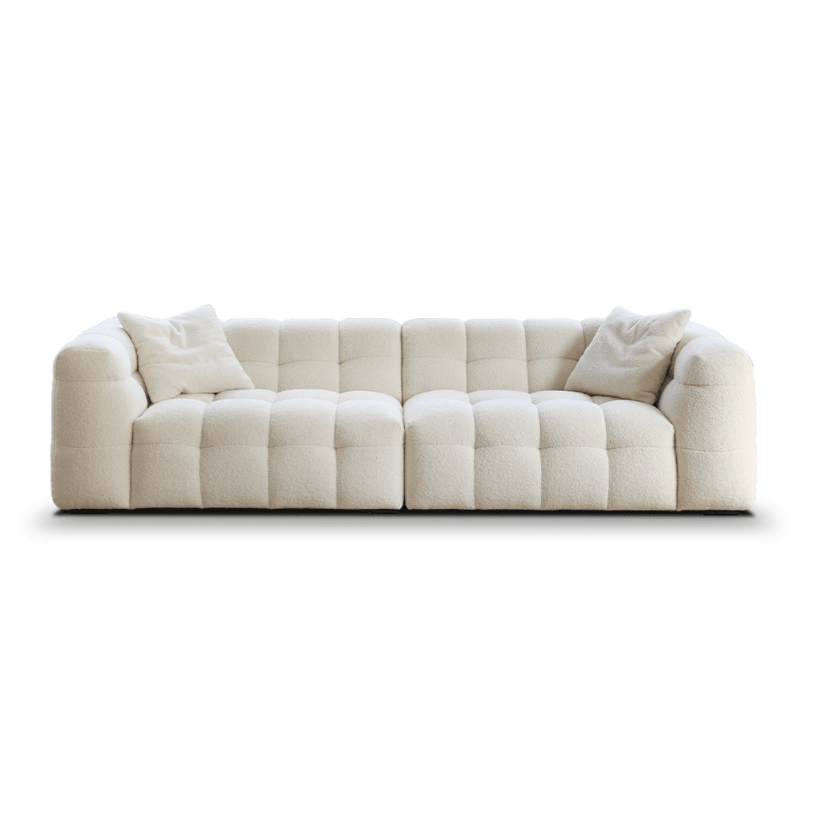 Front view of Boxy Cloud Sofa in off-white boucle fabric, featuring a tufted design, ideal for modern living rooms in Dubai and UAE.